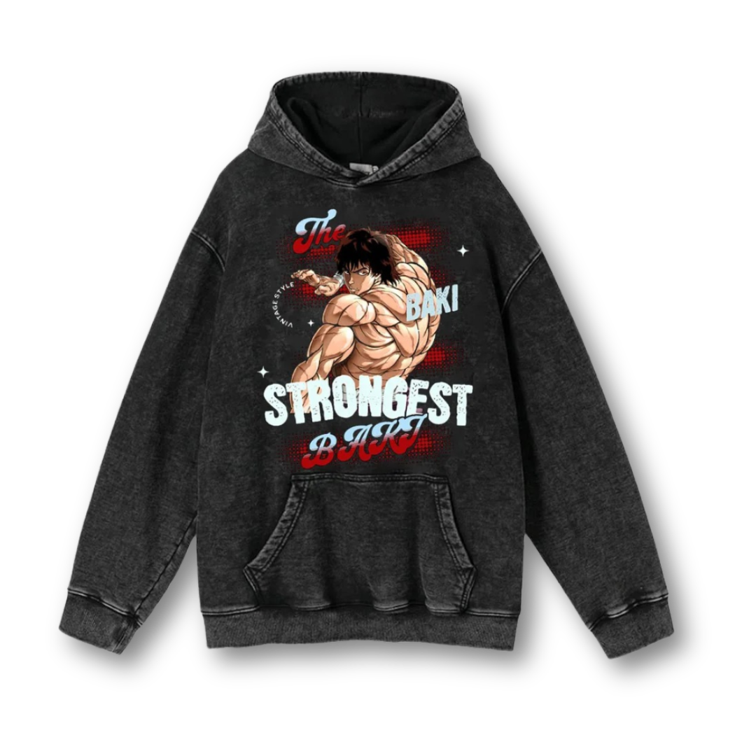 Baki "The Strongest" Washed Hoodie - Kakkoe.com - #tag1# - #tag2# - #tag3# - #tag4#